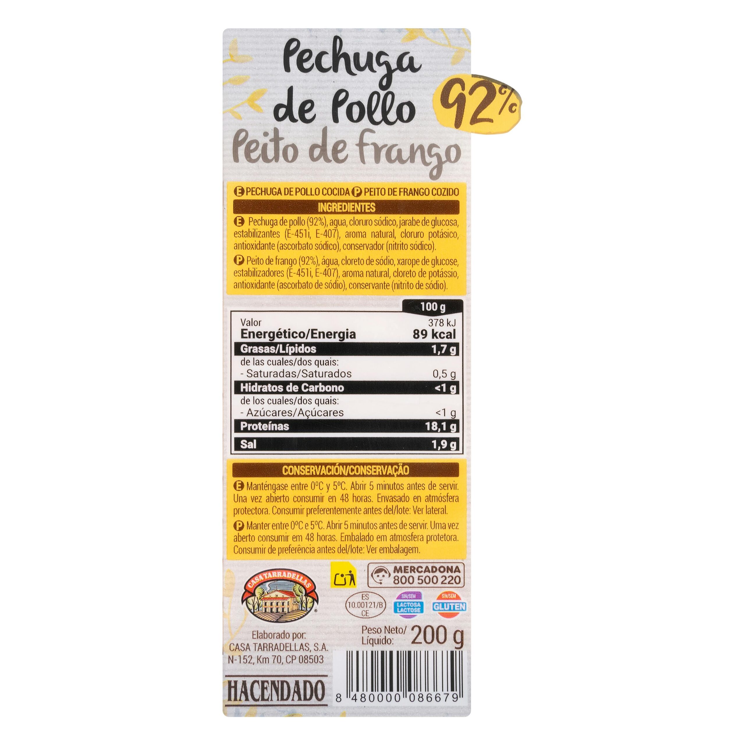 Etiqueta Pechuga de pollo 92% Hacendado lonchas